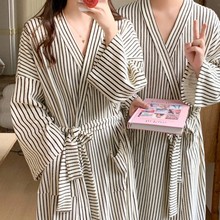 韩国ins女士春秋秋冬新款睡袍女加厚浴袍长款简约条纹家居服睡袍