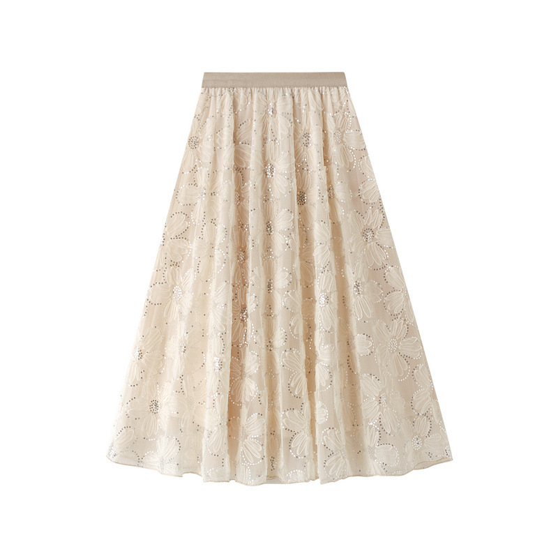 Lace Skirt Women's Autumn and Winter New Heavy Beadwork Large Flower A-Line Skirt Fairy Forest Long Skirt Women 0357