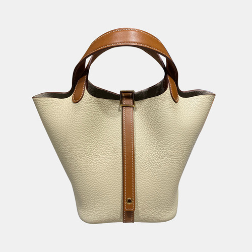 European and American imported hand-sewn vegetable basket women's bag genuine leather TC18 litchi pattern portable bucket bag handmade wax thread