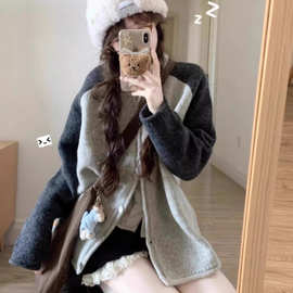 复古学院风拼色插肩袖毛衣外套女秋冬设计感休闲外搭宽松针织开衫