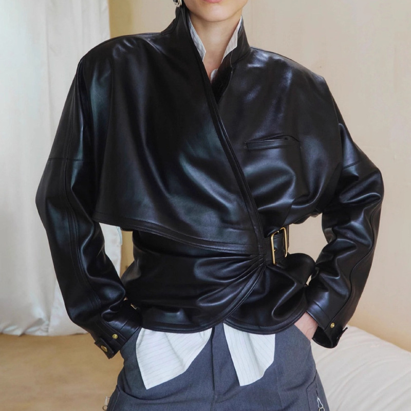 American Retro Motorcycle Leather Jacket for Women in Autumn and Winter New Style Stand-Up Collar Loose Slimming Look Buckle Splicing Pu Jacket Top