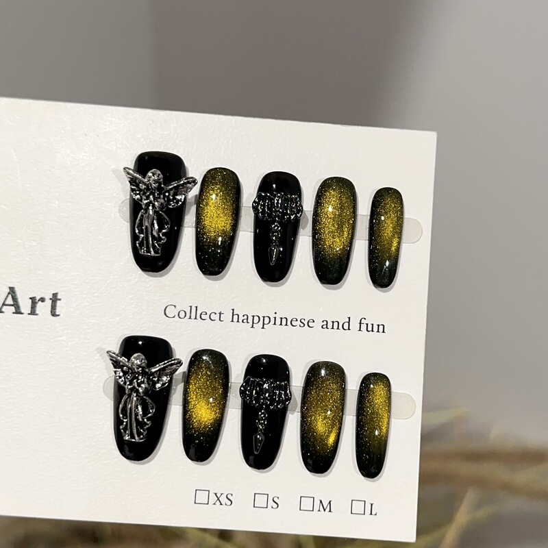 Purely Handmade Wearable Nails, High-End Autumn and Winter Dark Golden Cat-Eye Manicure Pieces, Alloy Angel Fake Nail Patches