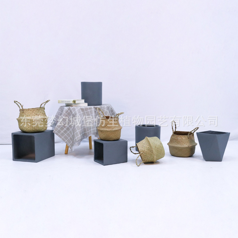 Nórdico decorativo paja flor olla estilo simple sala de estar tejida cesta cemento maceta decoración bonsai cuenca piso maceta