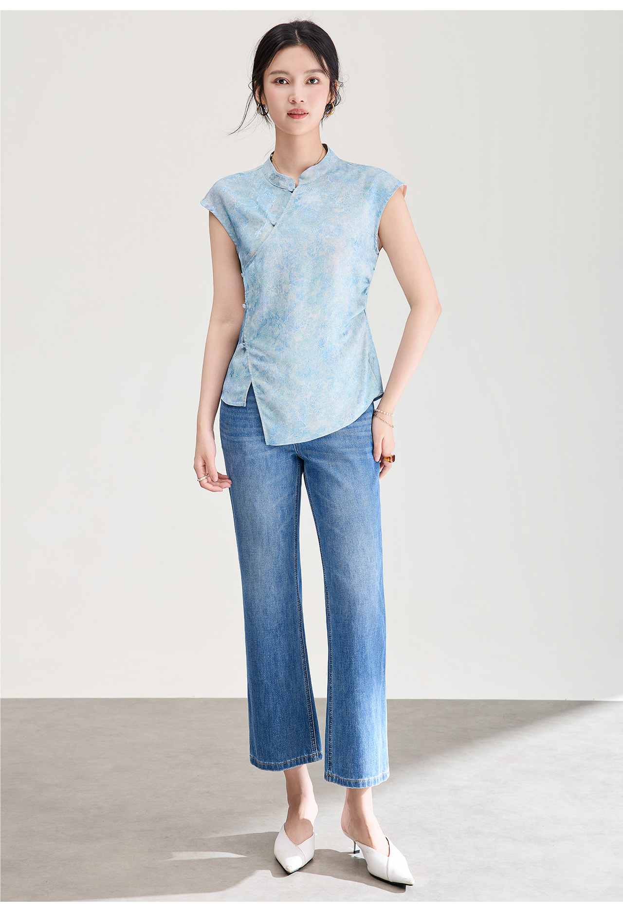Áo vest không tay nữ kiểu Trung Quốc mới, chất lụa Jacquard nhuộm chìm, tà áo chéo, mặc mùa hè — màu xanh nhạt chi tiết 14