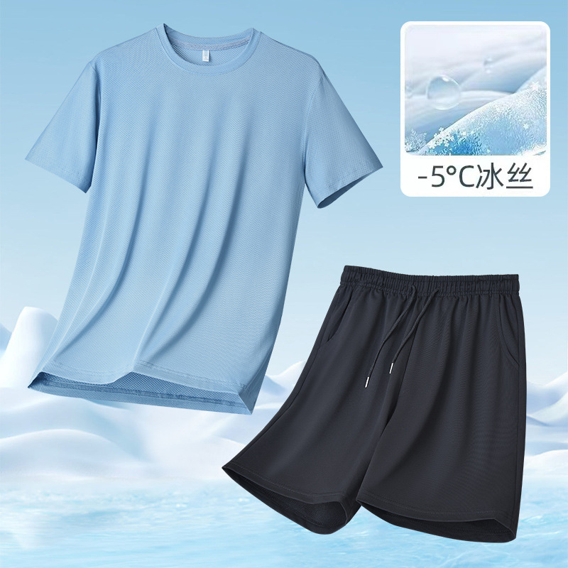 Traje transfronterizo de papá, traje de seda de hielo, corriendo y caminando, traje deportivo de verano, pantalones cortos sueltos de manga corta al aire libre