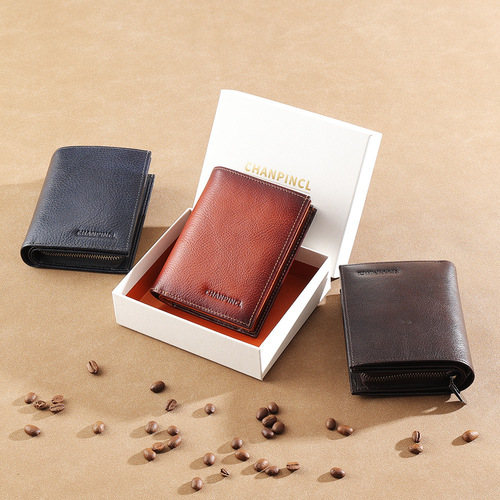 Cross-border dropshipping C-brand boxed men's card holder, top-layer cowhide buckle-zipper wallet, vertical multi-functional wallet.