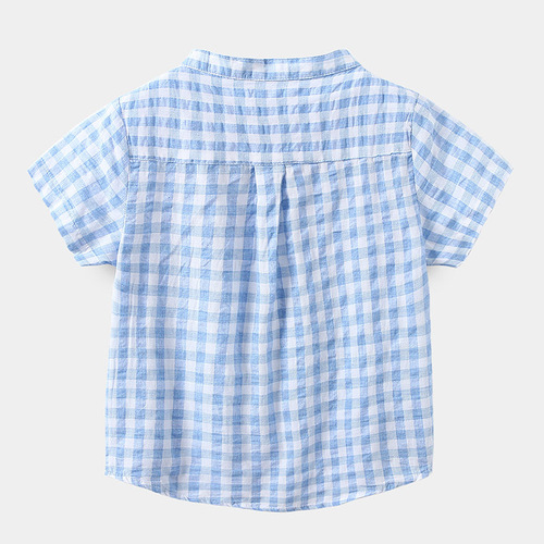 Children's cotton blue T-shirt 2023 summer boys' short-sleeved shirt Fashionable casual short-sleeved plaid shirt