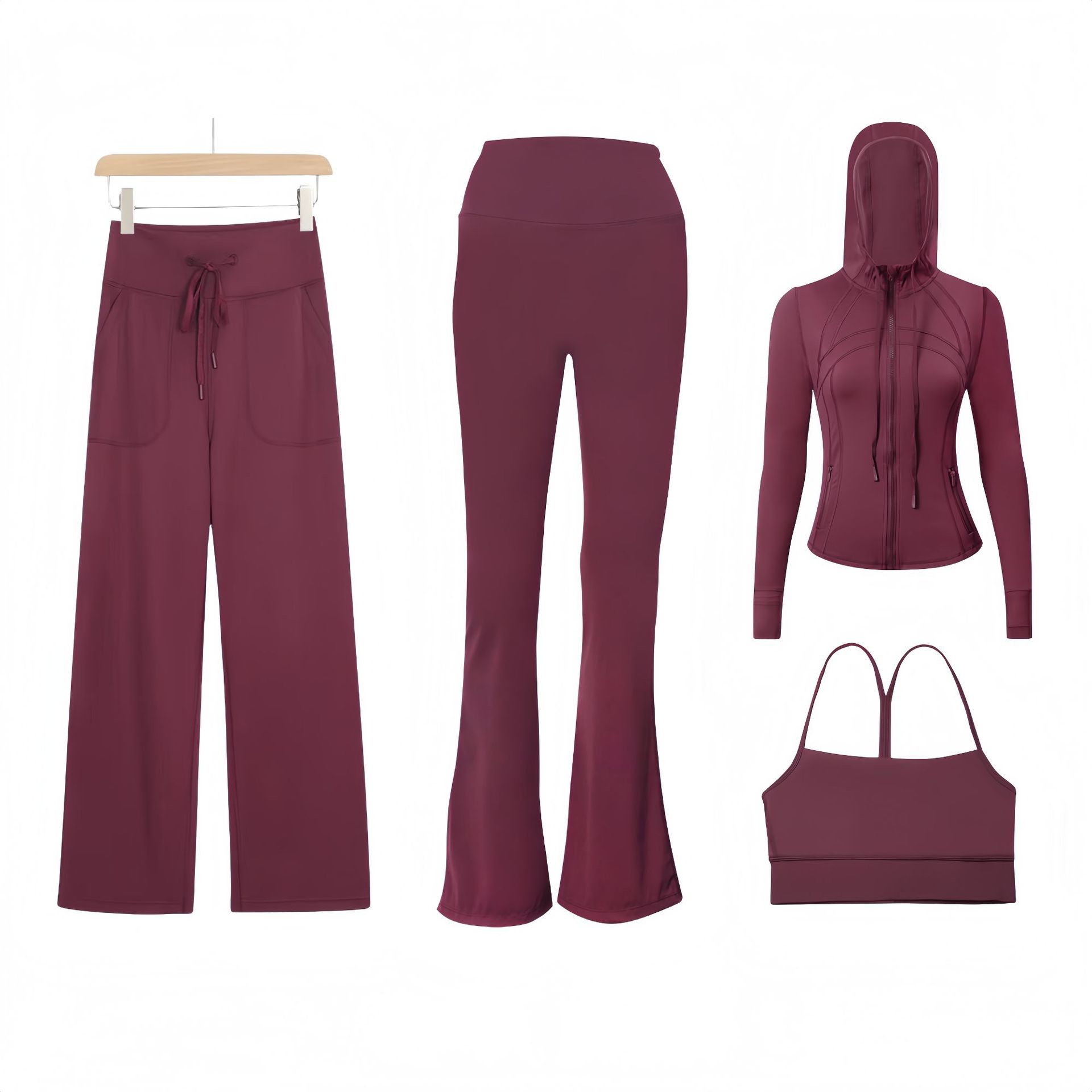 Women's Clothing Women's Y Shaped Vest Hooded Jacket And Flared Pants Set Slim Fit Stretch Outerwear Straight Leg Pants Four Piece Sportswear_voghion.com