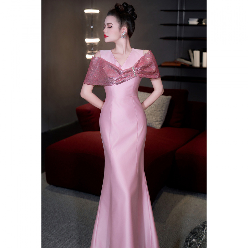 Banquet Host Dress Elegant Sleeveless Sequin Sparkling Stitching Slim Fishtail Long Dress Celebrity Dress Dress