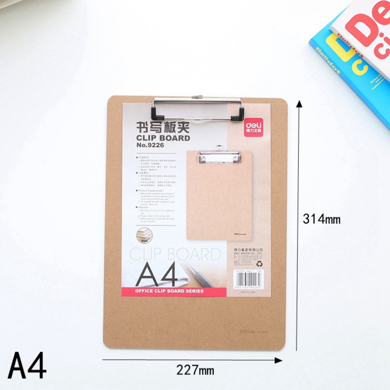 Deli 9226 tablero clip madera contrachapada A4 almohadilla de madera Carpeta de madera tablero de escritura clip A4 tablero de madera clip