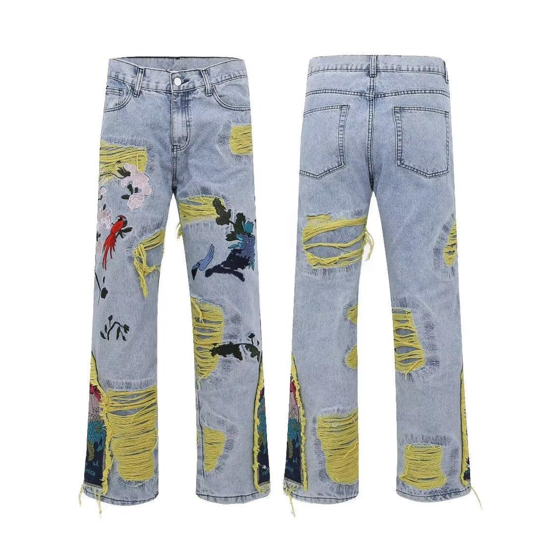 Heavy Embroidered Ripped Jeans American Hong Kong Style Street Fashion for Men And Women mid Waist Straight Pants Blue Long Brushed_voghion.com