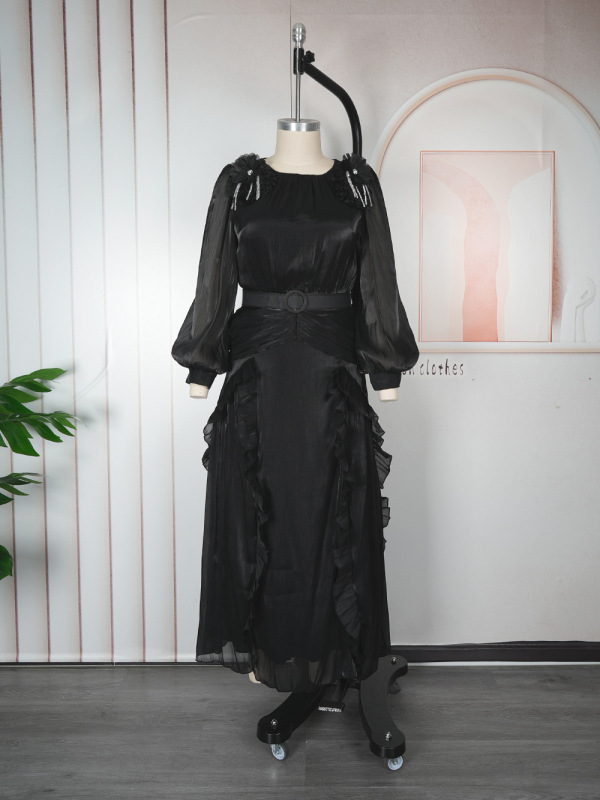 跨境欧美时尚气质花朵礼服非洲外贸速卖通大码女装压褶长袖连衣裙|undefined