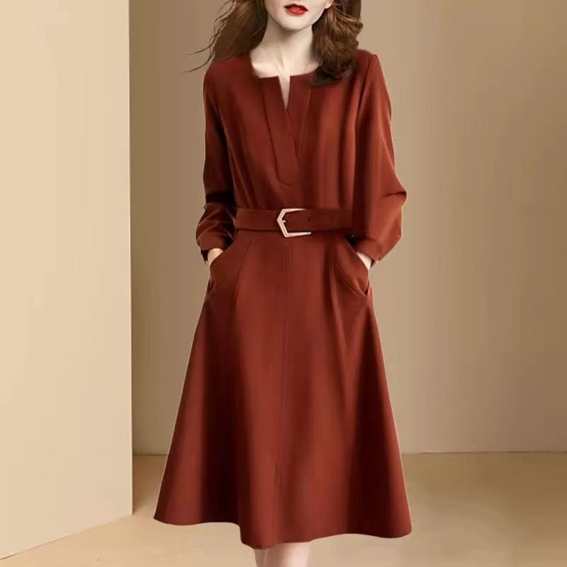 Elegant V-Neck Slim-Fit Dress for Women, Spring Season, Tie-Waist, Slimming A-Line Dress
