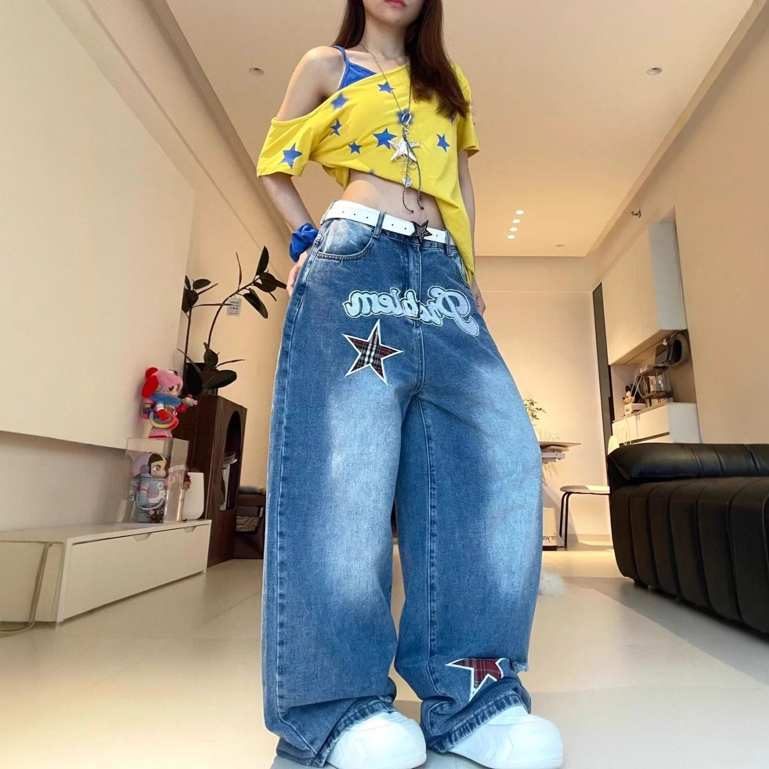 Amerika vintage patch jeans ayollar yozga keng qora