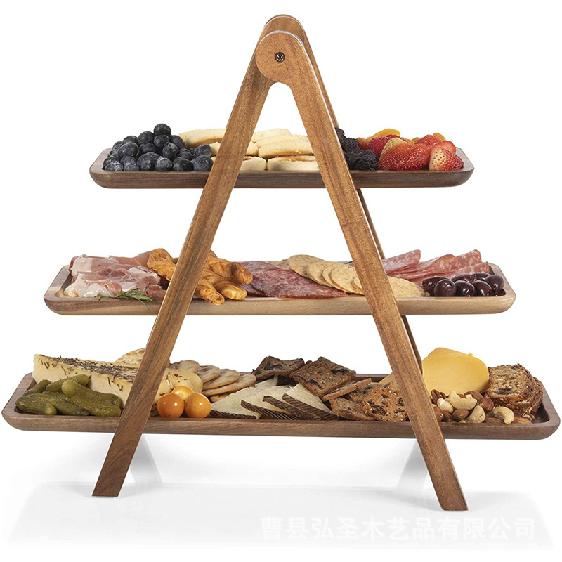 Madera de tres capas plegable de almacenamiento de rack pastel de comida bandeja de dulces Rack restaurante olla caliente platos Mesa