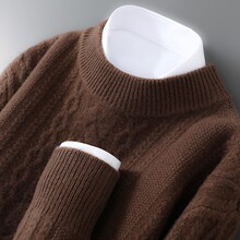 秋冬新款100%纯羊毛衫男士加厚套头半高领针织毛衣宽松扭花羊毛衫