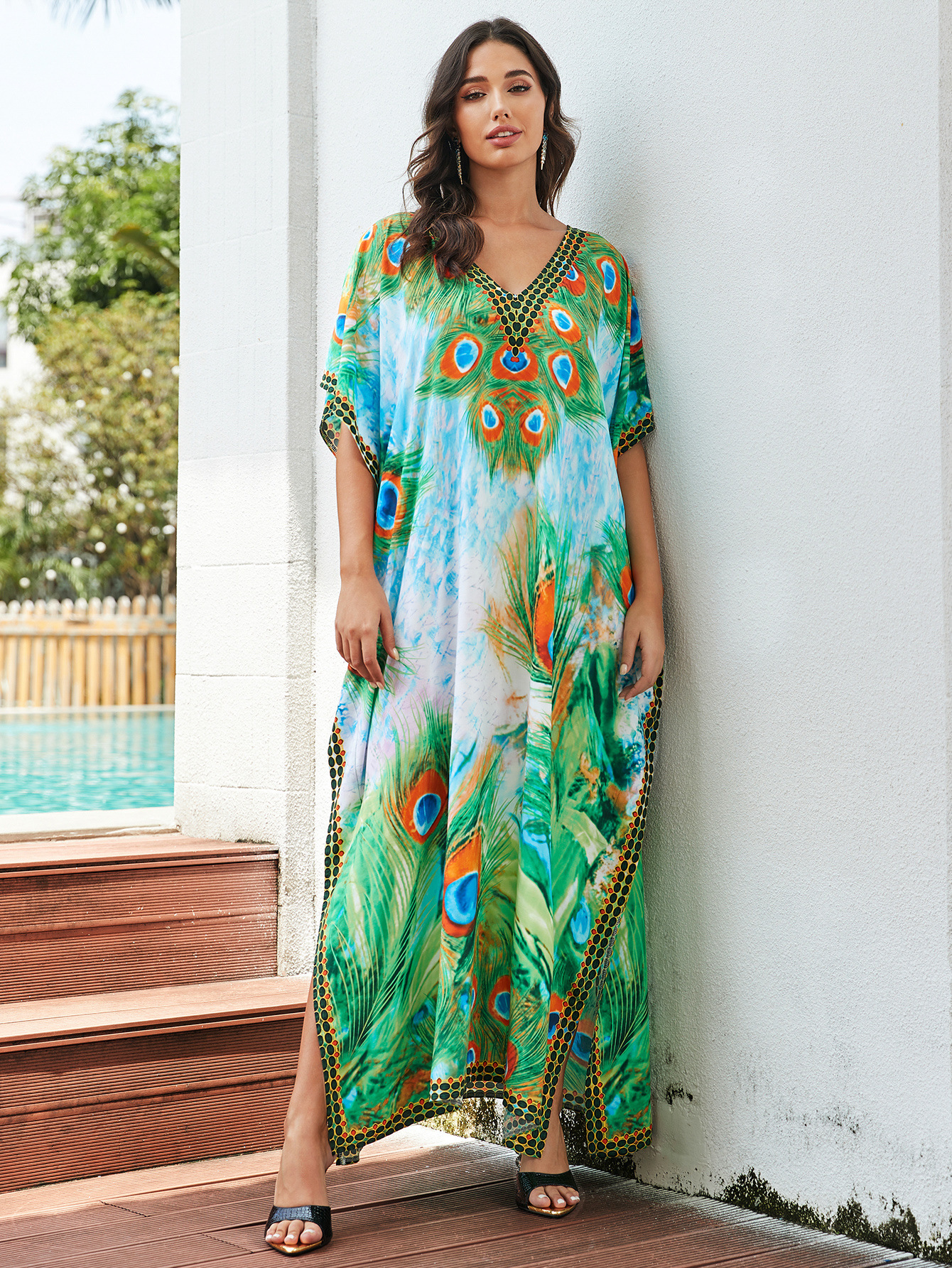 Rochie de plajă lungă kimono dama boho viscoză tie-dye_voghion.com