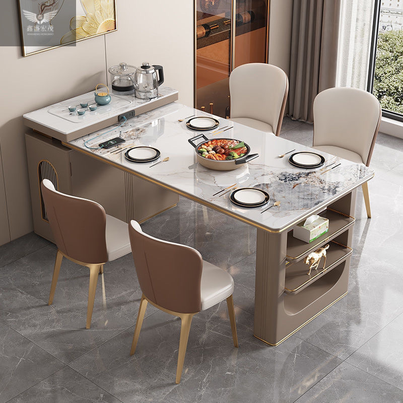 Combinación de mesa de comedor multifuncional simple y retráctil con estufa electromagnética de viento de lujo ligera integrada con mesa de comedor de plataforma de isla doméstica