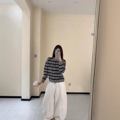 miu新款高版本羊毛混纺条纹毛衣单排扣圆领新年红条纹针织衫外套