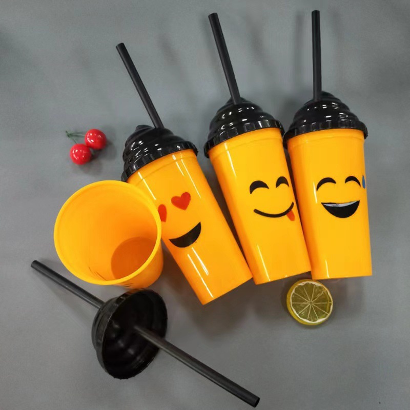 Dibujos animados creativos transfronterizos linda cara sonriente en forma de helado taza de plástico recto pajita desechable bebida botella de té con leche