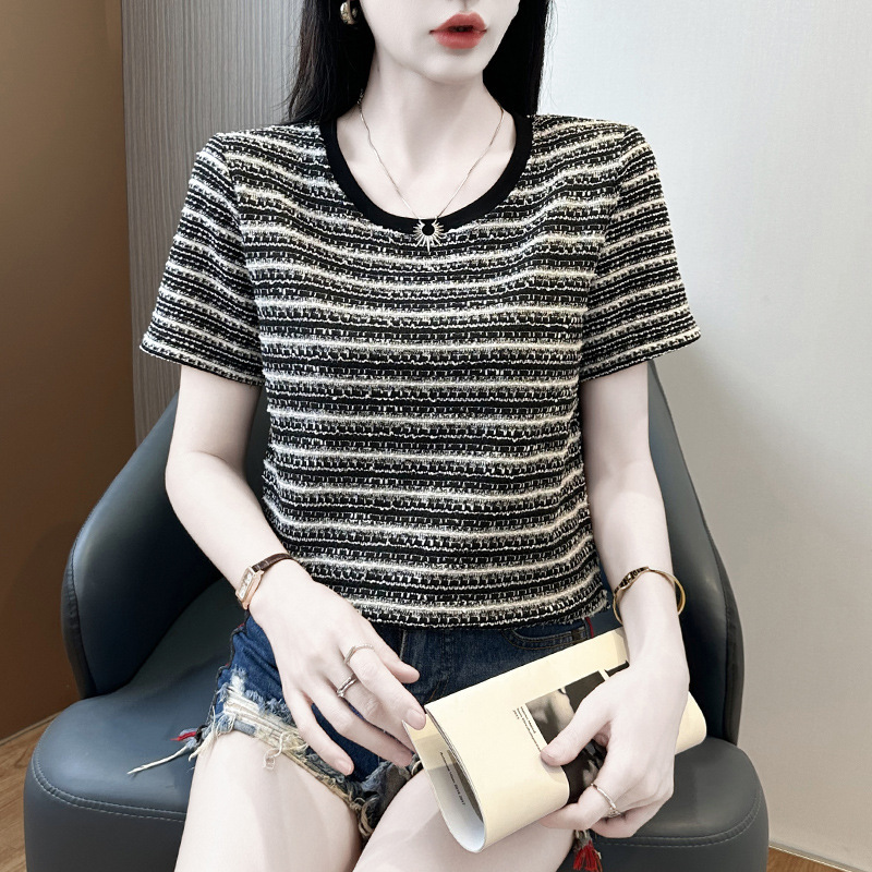 207~短袖T恤女夏季美式条纹短款圆领韩版休闲上衣|undefined
