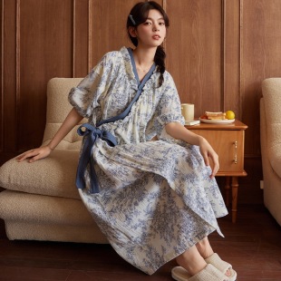 Short-Sleeved Nightgown with Breast Pads for Women, Summer Thin European and American Floral Ice Silk Large Size Can Be Worn Outside Mid-Length Home Wear Skirt