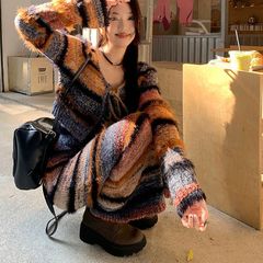 甜辣复古撞色条纹针织套装女春秋毛衣开衫修身吊带连衣裙两件套潮