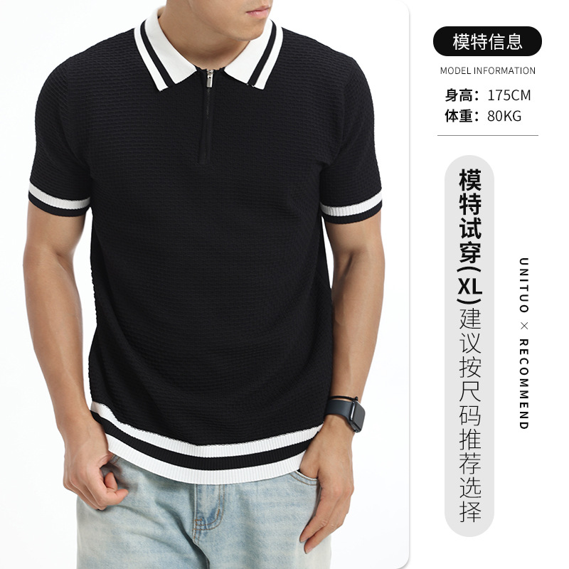 Camiseta de polo de punto de costilla de hielo con cuello superior de manga corta para hombre ligero estilo de negocios casual alta sensación de ropa de hombre