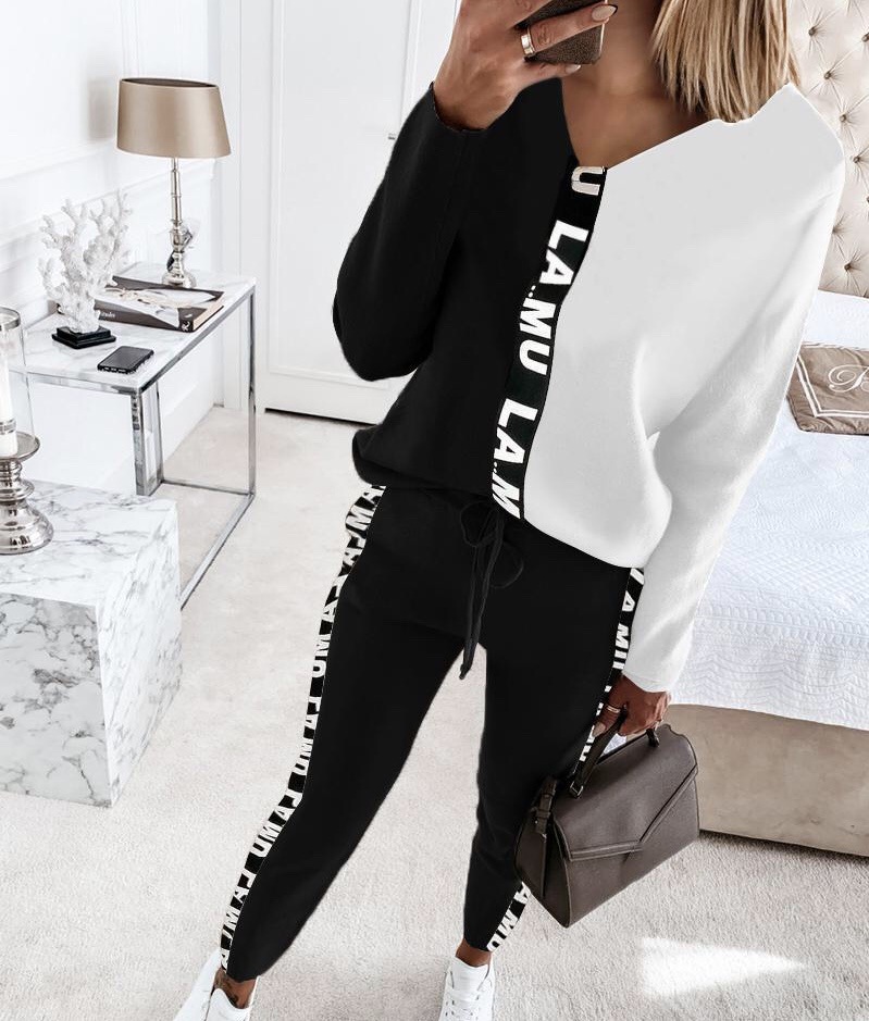 267g Weight Long Sleeve Sleeve Length Polyester Fabric Type Pant Co-ord Set Sets Type 2 Piece Set Quantity Holiday Daily White Black Women'S Casual Fashion Printing Polyester Contrast Binding Pant Co-ord Set Pants Sets