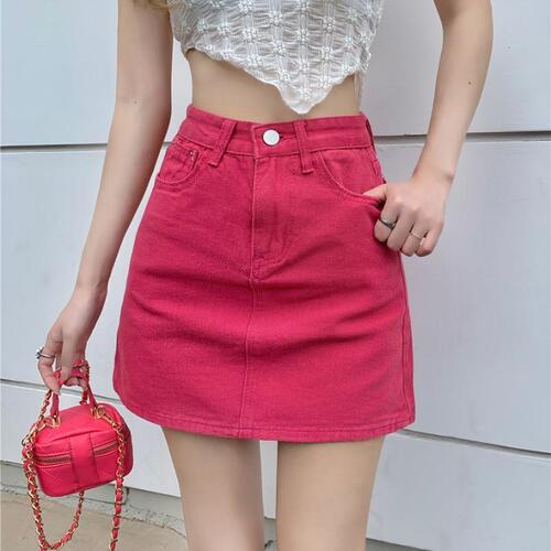 Raspberry Half-Body Skirt for Women 2025 New Summer Hot Girl Short Skirt High-Waisted Hip-Hugging Skirt Dragon Fruit Color Denim Skirt
