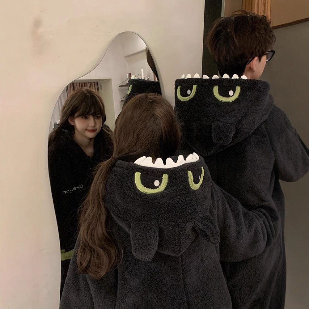 Coral Velvet Pajamas Autumn and Winter Female Cartoon Toothless Hooded Male Funny Couple Can Wear One-Piece Home Clothes