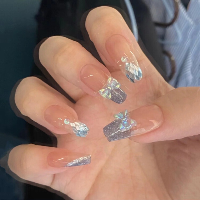 Hand-worn Nails Xiaohongshu Mermaid Scales Stars and Sea Manicure Bow Gentle, Sweet, Cute and Removable