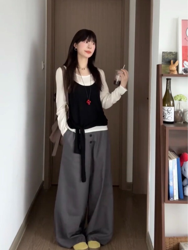 韩系慵懒松弛时尚感上衣早秋穿搭长袖t恤女叠穿背心感巨好看打底|undefined