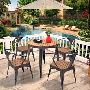 Simple Plastic Wood Outdoor Tables and Chairs, Rust-Proof and Anti-Corrosion Small Round Tables, Open-Air Balcony Restaurants, Hotel Dining Rooms, Negotiation Tables and Chairs