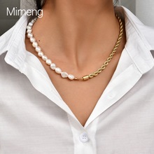 金色半珍珠半麻花鏈項鏈韓國個性設計DIY組合金色不銹鋼珍珠項鏈