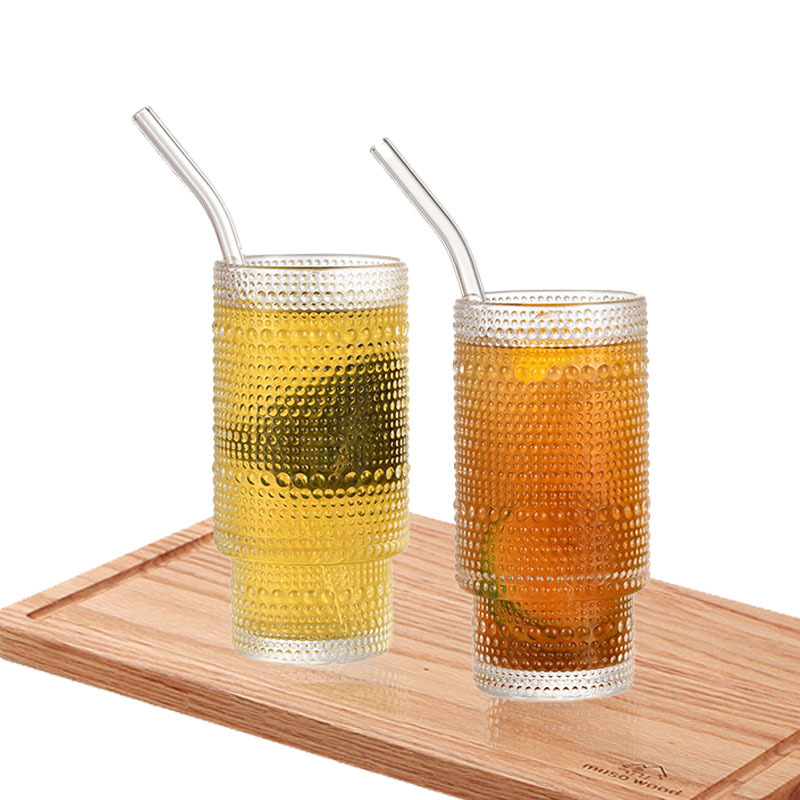 Nuevo tipo de taza de cristal de begonia con cubierta de bambú taza de paja retro relieve taza de extracción fría taza de café de cristal laminado