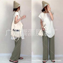 现货跨境热卖套装女2024夏新款不规则白T+阔腿裤直筒裤两件套套装