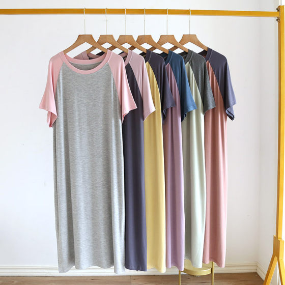 Modal Nightdress Women's Long Dress Pajamas Home Clothes Short-sleeved Solid Color Matching Summer Thin Round Neck Large Size Dress