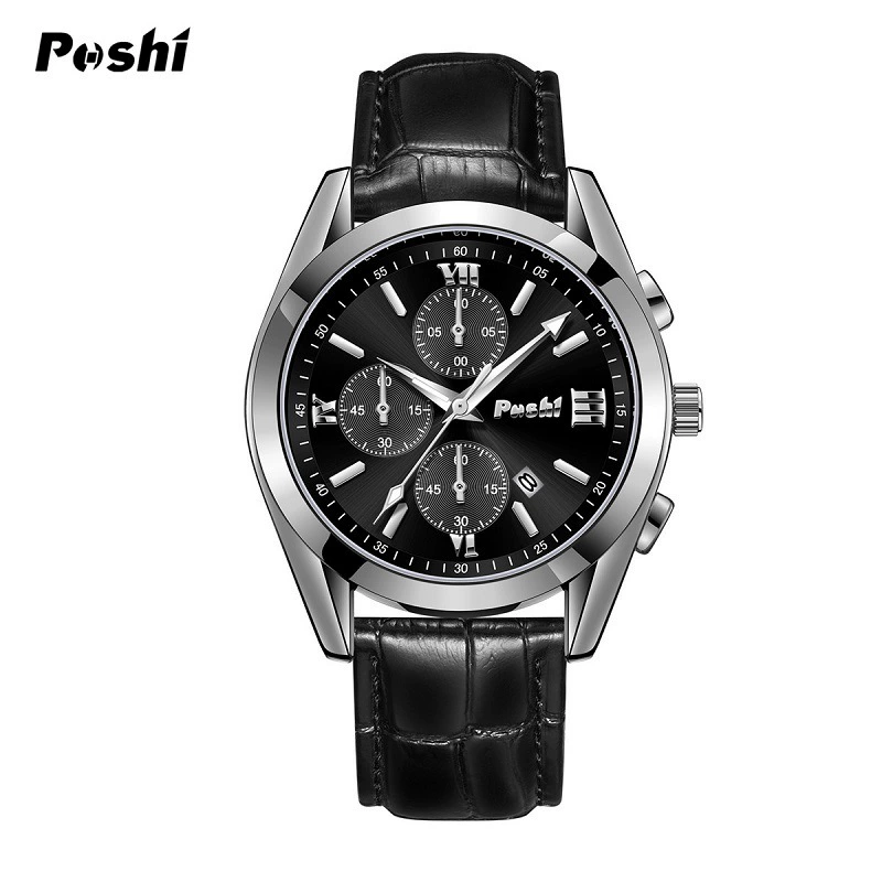 POSHI Fashionable quartz high-end waterproof watch, genuine leather