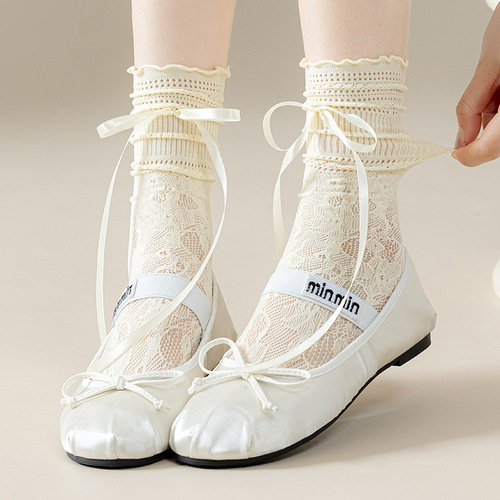Pure and alluring ballet-style girl's lace socks, calf-length with ribbon bow and cut-out design, breathable white mesh puffy socks.