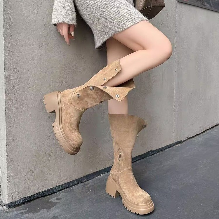 【巨显高】小个子长筒靴美拉德靴子女冬粗跟厚底中筒靴西部堆堆靴