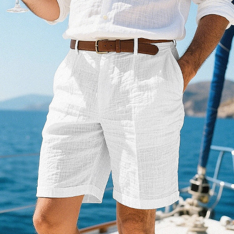 Men's Linen Summer Beach Shorts with Diagonal Pockets, Back Pockets, Buttons, Solid Color, Comfortable and Breathable