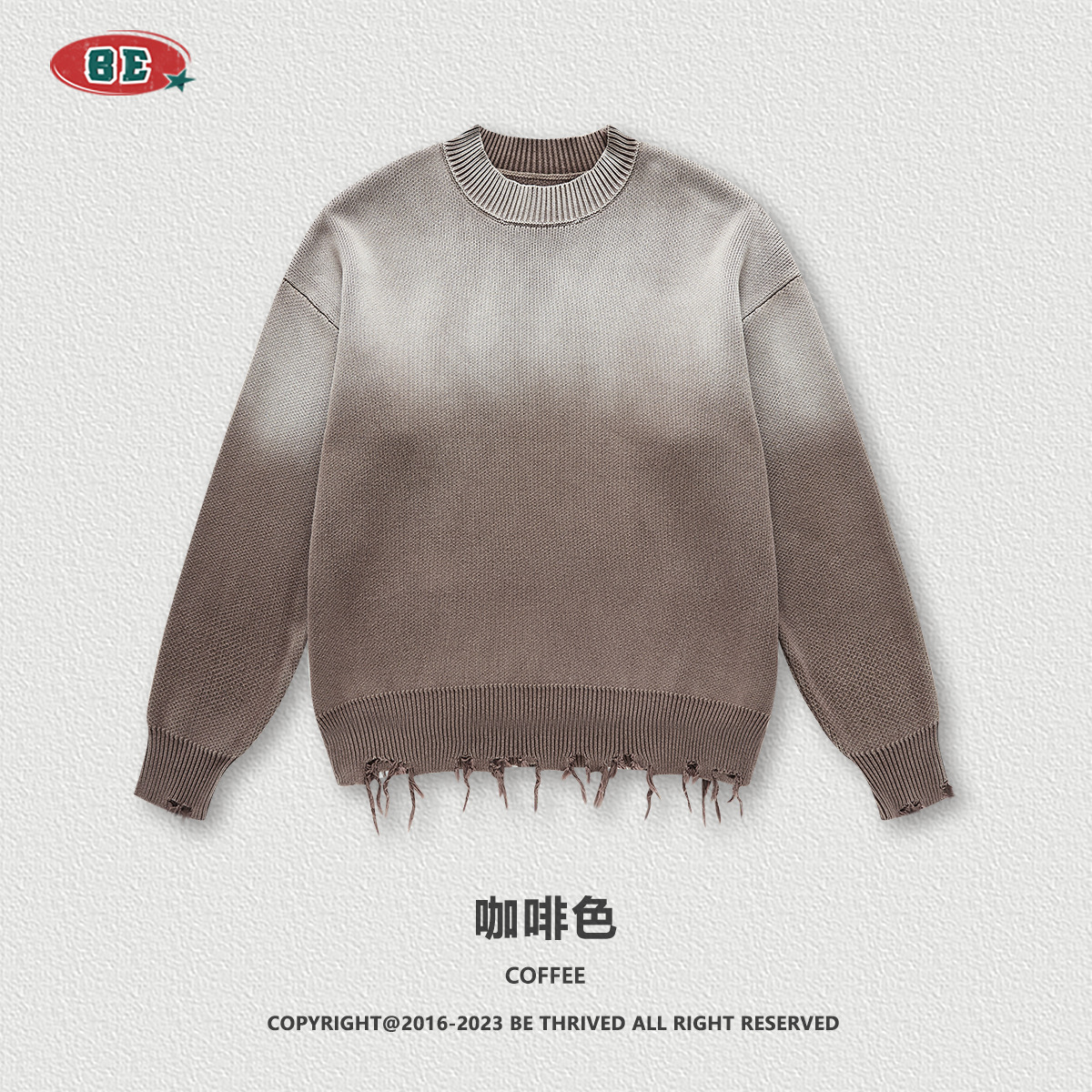 Suéter de Punto para Hombre BE, Otoño/Invierno 2025, Estilo Retro Americano, Marca de Moda, Lavado, Desgastado, Cuello Redondo, Degradado, para Parejas