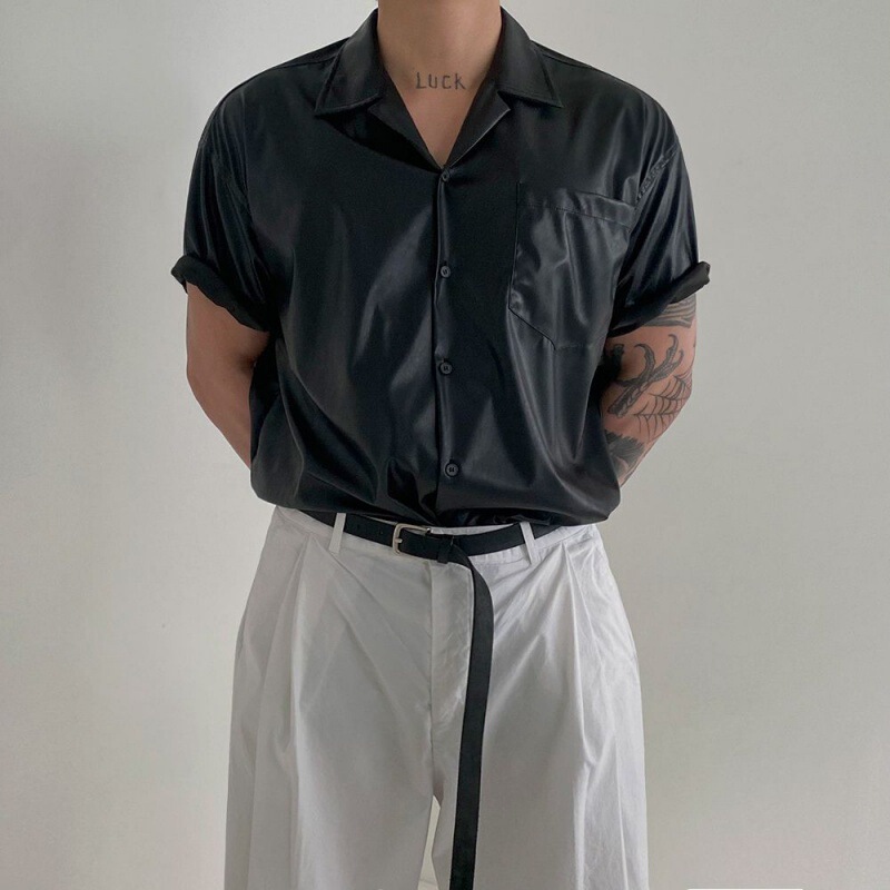 MYQ Niche Leather Short-sleeved Shirt Men's Summer Loose Casual Shirt Korean Style Fashionable Duffian Handsome Bikers Suit