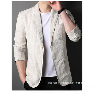 Brand Men's Linen Suit Jacket Men's Spring & Fall New Style Loose Casual Thin Linen Breathable Top for Young and Middle-Aged People