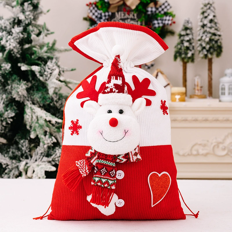 knitted Christmas gift bags — подарочные новогодние сумки с аппликацией Санта-Клауса/снеговика/оленя, с завязками, многоразовые