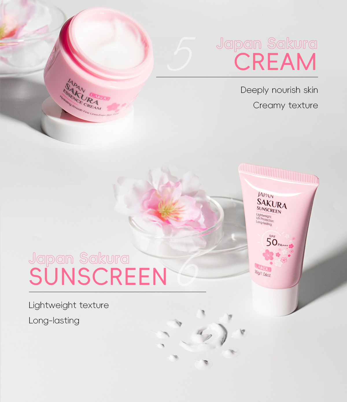 LAIKOU Cherry Blossom Skincare six-piece Set: Facial Cleanser, Essence, Eye Cream, Face Cream, Toner, sunscreen, Cross-border undefined