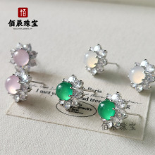 新中式绿玉髓耳钉女复古轻奢天然冰种格子蛋耳环气质国潮百搭耳饰