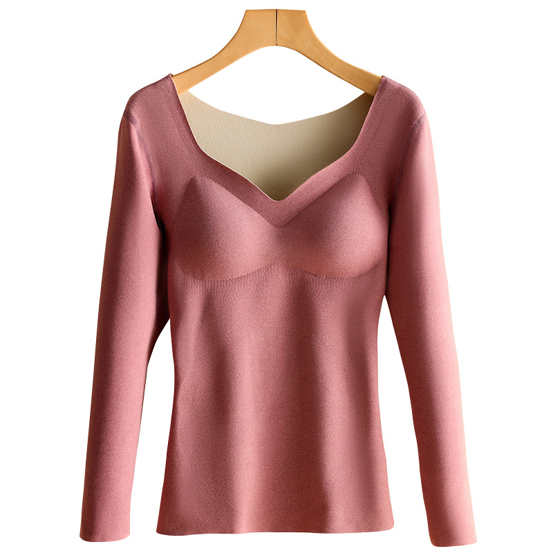 Ropa interior térmica cepillada de doble cara Ropa interior de otoño e invierno de las mujeres con almohadilla en el pecho que toca fondo Ropa de otoño Parche sin costuras Top térmico de manga larga