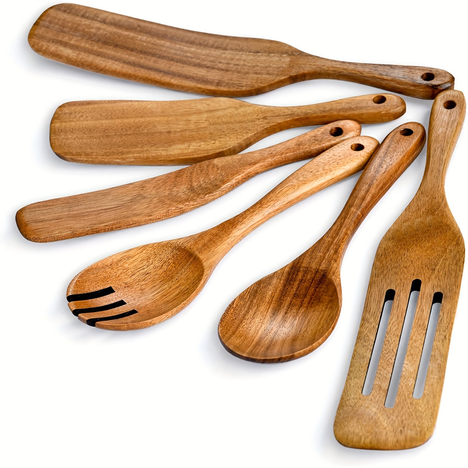 Juego de cocina de teca, cuchara de pala de madera maciza, tenedor, sartén antiadherente, utensilios de cocina de madera de acacia, espátula de mango largo, juego de cocina de 9 piezas